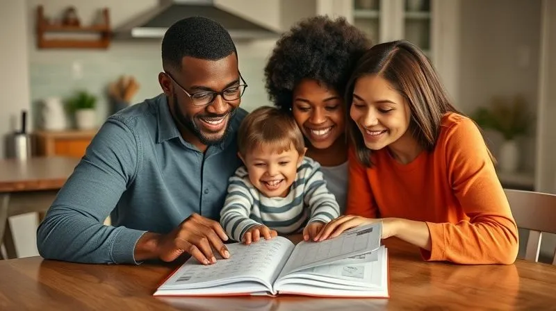 A photorealistic image of a diverse family (two parents, one child around 8-10 years old) sitting together at a kitchen table, looking at an open calendar or planner. They are smiling gently, pointing to dates, suggesting a collaborative and calm planning session. The scene is bathed in warm, soft natural light, conveying a sense of hope and cooperation. Professional photography, 8K, cinematic lighting, sharp focus, depth of field, shot on a high-end DSLR.