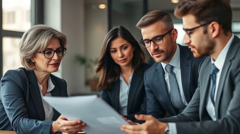 A photorealistic image depicting a diverse group of professionals (a mediator, a child therapist, a family lawyer) in a collaborative meeting, looking at documents or a shared screen. They are dressed professionally, and the atmosphere is one of focused cooperation. The background is a modern office setting. Professional photography, 8K, cinematic lighting, sharp focus on the group, depth of field, shot on a high-end DSLR.