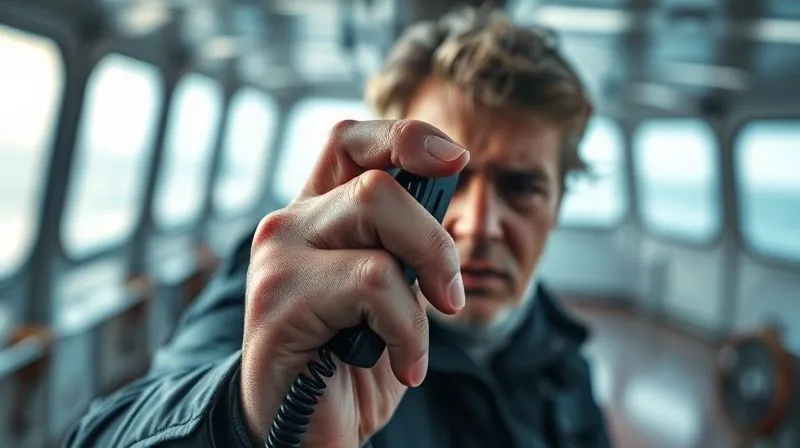 Photorealistic, professional photography, 8K, cinematic lighting, sharp focus, depth of field, shot on a high-end DSLR. A hand holding an old satellite phone, looking distressed but focused, against a blurry backdrop of a ship's bridge, conveying urgent communication in a crisis. The seafarer's face is partially visible, showing determination amidst hardship.