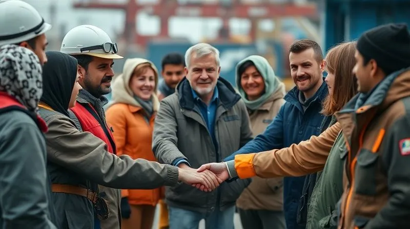 Photorealistic, professional photography, 8K, cinematic lighting, sharp focus, depth of field, shot on a high-end DSLR. A diverse group of seafarers gathered around a supportive maritime lawyer and a welfare worker, in a professional but empathetic setting, with a subtle backdrop of a port. Hands are shaking, indicating trust and collaboration, representing a strong support network.