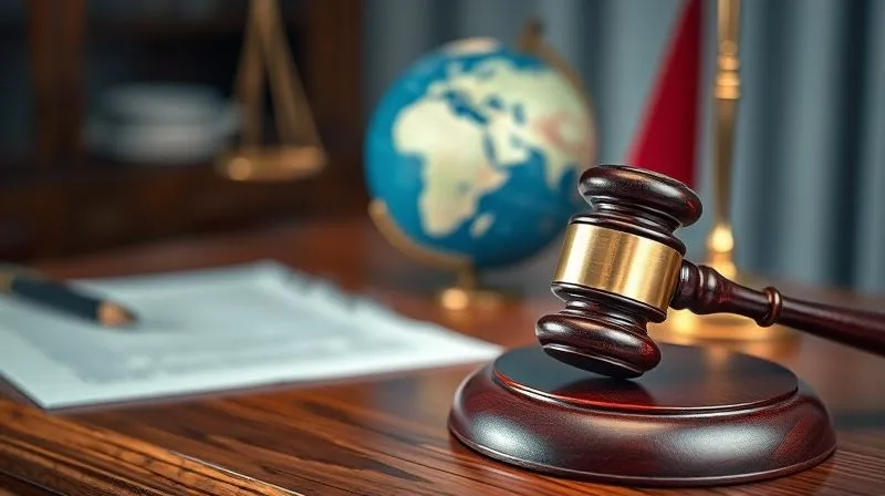 Photorealistic, professional photography, 8K, cinematic lighting, sharp focus, depth of field, shot on a high-end DSLR. A close-up of a gavel on a polished wooden desk, with blurred legal documents and a globe in the background, symbolizing international justice and legal action for seafarer rights. The lighting is dramatic, highlighting the gavel's texture.