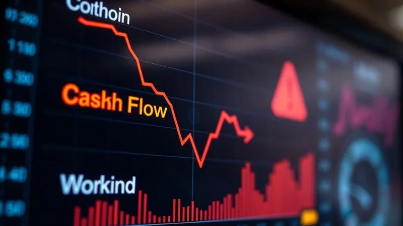 A photorealistic close-up of a financial dashboard displaying a stark red downward trend line for "Cash Flow" and "Working Capital," with a digital warning sign icon. Professional photography, 8K, cinematic lighting, sharp focus on the screen, depth of field blurring the background, shot on a high-end DSLR.