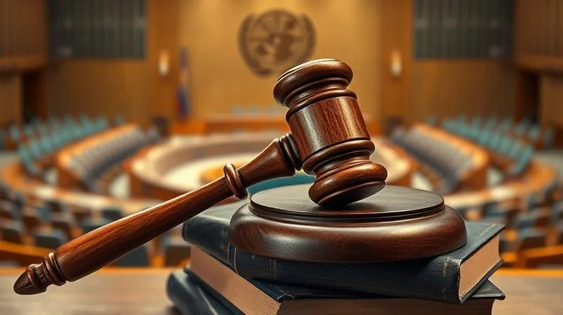 A photorealistic image of a large, antique wooden gavel resting on a stack of international law books, with a blurred backdrop of the United Nations Security Council chamber. Cinematic lighting highlights the gavel, sharp focus on its intricate details, depth of field blurring the background. Professional photography, 8K, shot on a high-end DSLR, conveying authority and the weight of international decisions.