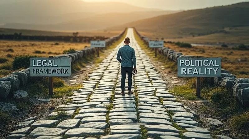 A photorealistic image of a lone, determined figure standing at a crossroads of ancient, weathered stone paths. One path is clearly marked "Legal Framework," another "Moral Imperative," and a third "Political Reality." The figure is looking forward with a compass in hand, signifying complex navigation. Cinematic lighting, sharp focus on the figure and path markers, depth of field blurring the distant landscape. Professional photography, 8K, shot on a high-end DSLR, evoking the dilemma of balancing law, ethics, and politics.