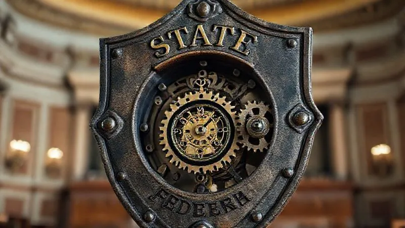 A photorealistic, professional photography, 8K, cinematic lighting, sharp focus, depth of field shot on a high-end DSLR, depicting a strong, ornate stone shield emblazoned with the word 'STATE' protecting a smaller, intricate clockwork mechanism from larger, shadowy gears labeled 'FEDERAL'. The shield creates a clear, unbreachable boundary, emphasizing the anti-commandeering doctrine. The background is a soft blur of legislative chambers.