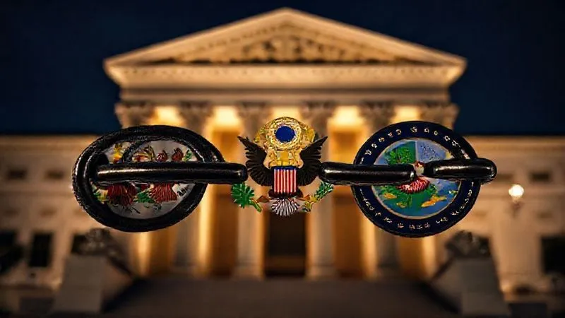 A photorealistic, professional photography, 8K, cinematic lighting, sharp focus, depth of field shot on a high-end DSLR, depicting several distinct, stylized state seals or flags subtly interwoven into a strong, unified chain or interlocking gears, symbolizing an interstate compact. The focus is on the strength of their connection, with a backdrop of a grand, classical courthouse façade, suggesting legal unity.