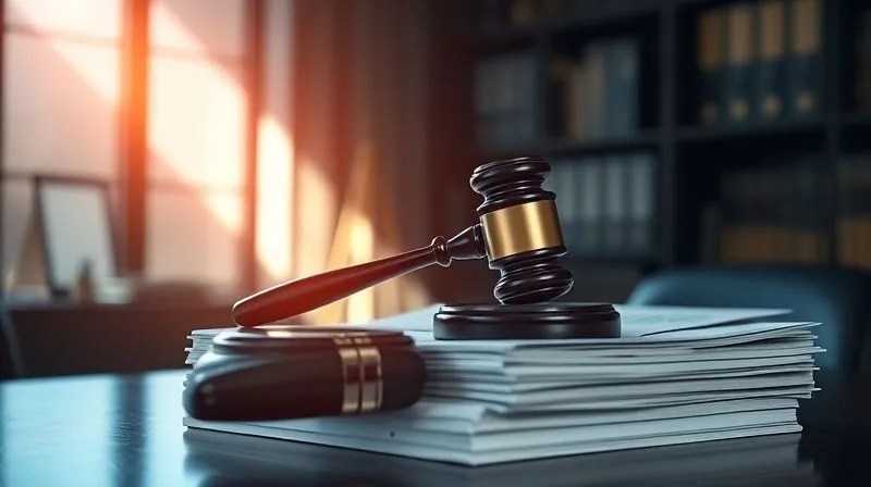 A photorealistic image of a legal gavel resting on a stack of neatly organized documents, illuminated by a beam of light cutting through a dark, professional legal office. There's a subtle digital overlay on the documents, suggesting evidence and digital intellectual property. Cinematic lighting, sharp focus on the gavel and documents, depth of field blurring the background, 8K hyper-detailed.
