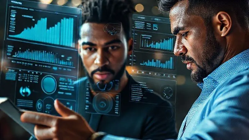 photorealistic, professional photography, 8K, cinematic lighting, sharp focus, depth of field, shot on a high-end DSLR. A professional athlete and their agent intently reviewing a holographic display showing complex graphs, charts, and data points related to market valuation, performance metrics, and social media engagement. The scene is futuristic and data-driven, highlighting strategic decision-making.