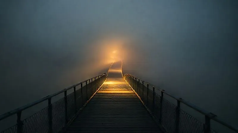 A photorealistic image of a winding, illuminated path disappearing into a misty, uncertain horizon, with a sturdy, well-constructed bridge in the foreground, symbolizing foresight and preparation for future challenges. Professional photography, 8K, cinematic lighting, sharp focus on the bridge, depth of field blurring the distant path, shot on a high-end DSLR, conveying planning and resilience.
