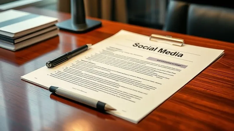 A close-up photorealistic shot of a meticulously organized corporate social media policy document, open to a page detailing "Employee Conduct Guidelines," with a pen resting beside it. The document is on a polished mahogany desk, bathed in soft, professional office lighting. 8K, cinematic lighting, sharp focus on the text, depth of field blurring the background, shot on a high-end DSLR, professional photography.