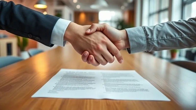 A photorealistic image of two hands shaking firmly over a legal document with a clear, well-organized table, symbolizing a strong, fair founder agreement. The background shows a vibrant, growing startup office with cinematic lighting. The focus is on the handshake and document, with depth of field blurring the office.