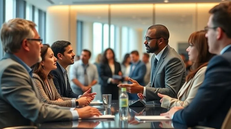 A diverse group of professionals in a modern conference room, actively engaged in a discussion with a government official, representing collaborative policy engagement. Photorealistic, professional photography, 8K, cinematic lighting, sharp focus on the interaction, depth of field blurring the background, shot on a high-end DSLR.
