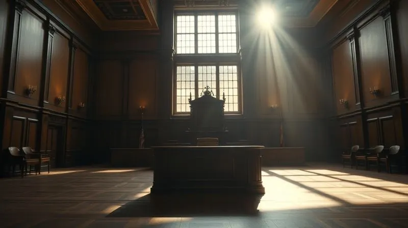 A solemn, empty courtroom with a judge's bench in the foreground, bathed in natural light streaming through large windows, evoking a sense of justice and authority. Photorealistic, professional photography, 8K, cinematic lighting, sharp focus on the bench, depth of field blurring the background, shot on a high-end DSLR.