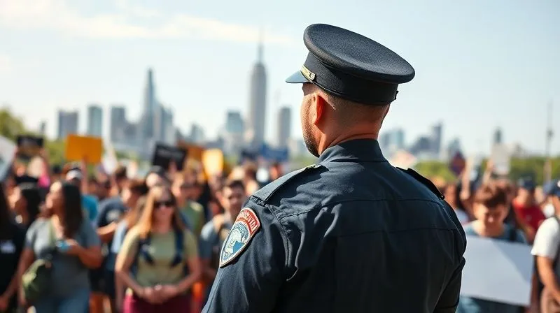 A photorealistic image of a police officer, calm and observant, standing at a respectful distance from a diverse crowd of peaceful protestors. The officer is not confrontational, but present, with the city skyline in the background, under a clear sky. Cinematic lighting, 8K, sharp focus, depth of field, professional photography, shot on a high-end DSLR.