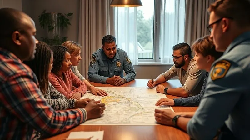 A photorealistic, professional photography, 8K, cinematic lighting, sharp focus, depth of field, shot on a high-end DSLR. Image shows diverse individuals, representing both community leaders and law enforcement, engaged in a constructive, calm dialogue around a table. A map or plan is spread out, symbolizing planning and cooperation. The mood is collaborative and hopeful.