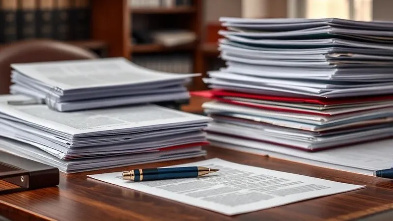 A photorealistic image of a meticulously organized desk with stacks of legal documents, folders, and a pen, all neatly arranged. Professional photography, 8K, cinematic lighting, sharp focus on the documents, depth of field blurring the background, shot on a high-end DSLR.