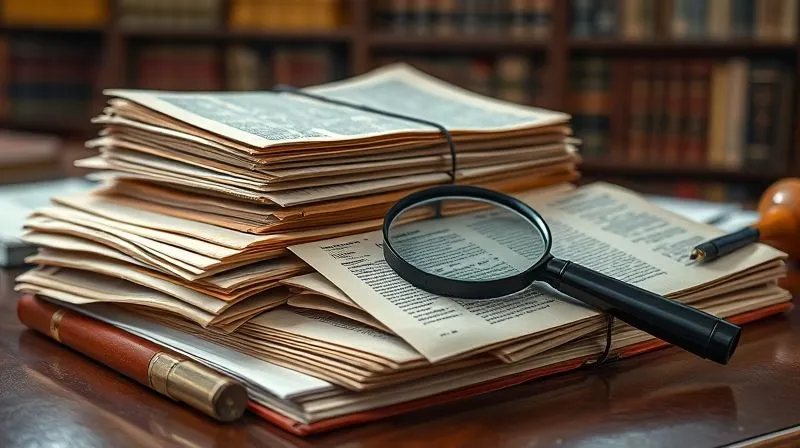 A photorealistic, professional photography, 8K, cinematic lighting, sharp focus, depth of field, shot on a high-end DSLR. A stack of diverse, aged financial documents and legal papers, some with foreign stamps, meticulously organized on a polished desk. A magnifying glass rests on a particularly complex page, symbolizing detailed scrutiny and investigation. The background is a soft blur of a legal library, emphasizing the depth of research required.