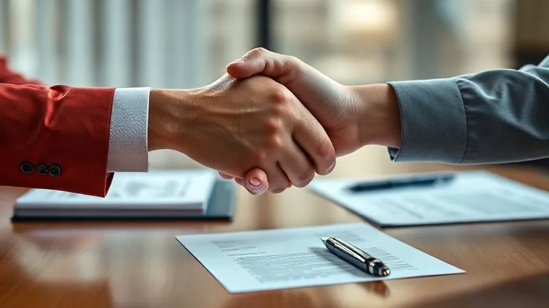 A photorealistic image of two hands clasped across a conference table, with blurred legal documents and a pen in the background, symbolizing agreement and resolution through discussion. Professional photography, 8K, cinematic lighting, sharp focus, depth of field, shot on a high-end DSLR.