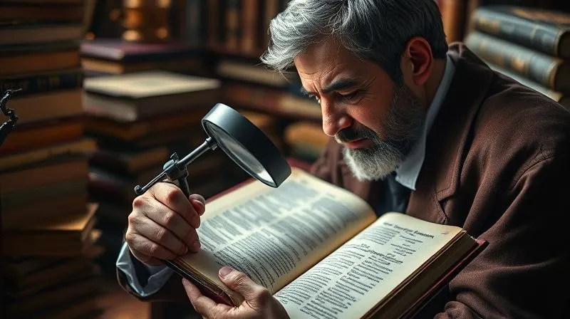 A photorealistic image of a legal scholar meticulously examining ancient legislative texts under a magnifying glass, surrounded by stacks of law books, cinematic lighting, professional photography, 8K, sharp focus on the text, depth of field blurring the background, shot on a high-end DSLR.