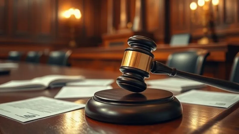A photorealistic image of a gavel striking a sound block on a judge's bench in a formal courtroom, with legal documents scattered around. The scene is lit with dramatic, cinematic lighting, emphasizing the gravitas of judicial review. Professional photography, 8K, sharp focus on the gavel, depth of field blurring the background, shot on a high-end DSLR.
