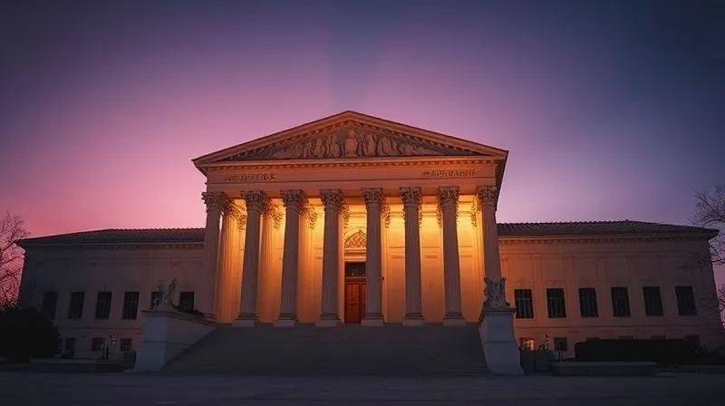 A photorealistic wide shot of the exterior of the Supreme Court building in Washington D.C. at dusk, with dramatic up-lighting highlighting its classical architecture. The scene conveys gravitas and the ultimate destination for challenging significant legal interpretations. Professional photography, 8K, cinematic lighting, sharp focus, depth of field, shot on a high-end DSLR.