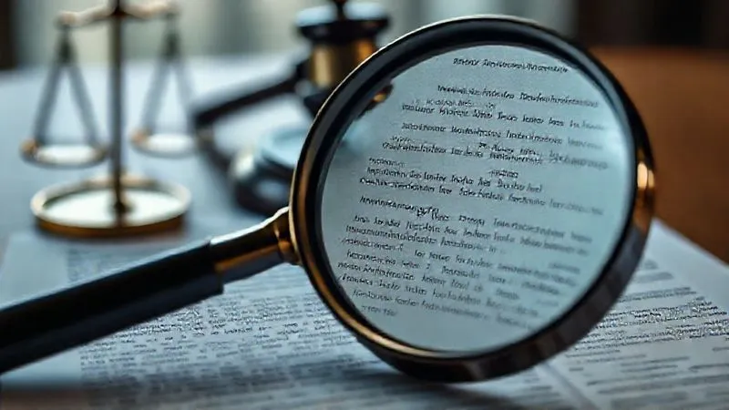 Photorealistic image of a magnifying glass over a complex legal document, highlighting specific clauses, with a blurred background of a judge's gavel and scales of justice, cinematic lighting, sharp focus, depth of field, 8K hyper-detailed.