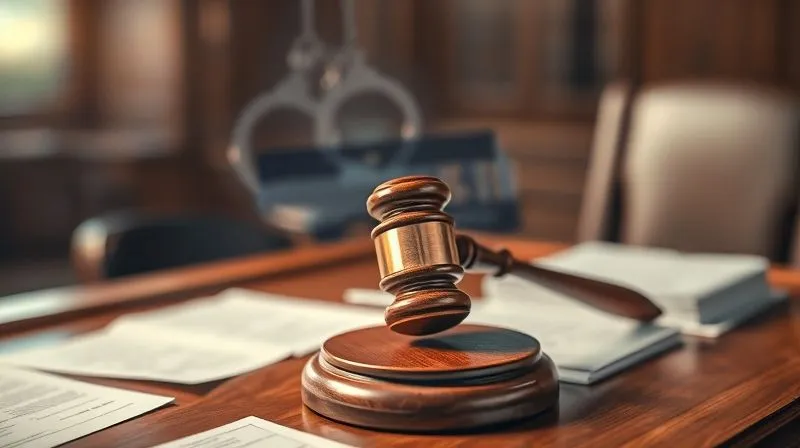 A photorealistic image of a gavel striking a sound block on a judge's bench, with legal documents scattered around. A faint, translucent image of handcuffs or a police car is fading into the background, symbolizing the suppression of illegally obtained evidence. Cinematic lighting, sharp focus on the gavel, 8K hyper-detailed, depth of field, professional photography, shot on a high-end DSLR.