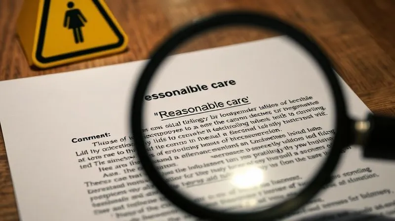 A photorealistic image of a legal document, partially obscured by a magnifying glass, highlighting a clause about 'reasonable care'. In the background, a subtle, wet floor sign is visible but out of focus, suggesting a missed warning. Professional photography, 8K, cinematic lighting, sharp focus on the document text, depth of field blurring the background.