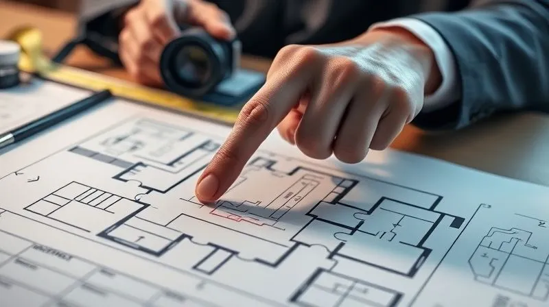 A photorealistic image of a legal expert's hand pointing at a detailed diagram of a floor plan with an 'X' marking a hazard spot. Forensic tools like measuring tape and a camera are visible on the table. Cinematic lighting, sharp focus on the diagram, depth of field blurring the background. Professional photography, 8K, shot on a high-end DSLR, conveying meticulous investigation.