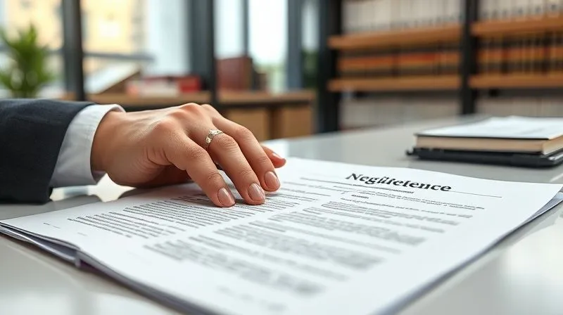 A photorealistic image of a legal brief open on a table, with a highlighter marking a critical paragraph about 'negligence'. A person's hand, wearing a subtle wedding band, is resting on the page. The background is a modern, clean law office with blurred shelves of legal books. Professional photography, 8K, cinematic lighting, sharp focus on the document, depth of field blurring the office.