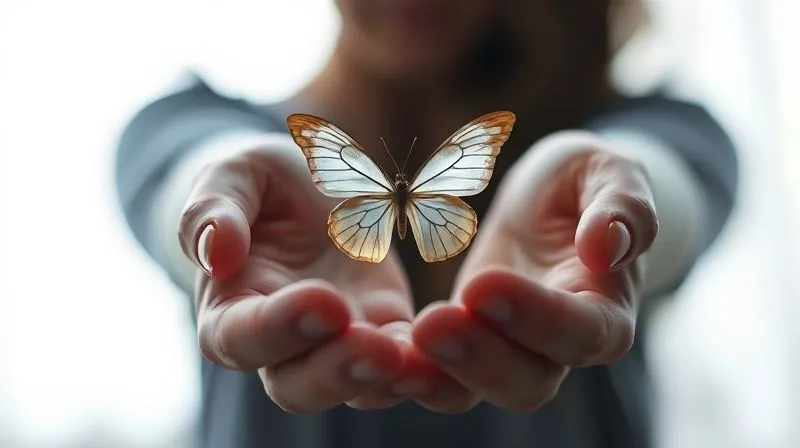 photorealistic, professional photography, 8K, cinematic lighting, sharp focus, depth of field, shot on a high-end DSLR. A person's hand gently holds a fragile, translucent butterfly, its wings slightly damaged, symbolizing vulnerability and the delicate balance of freedom and fear in domestic violence situations. The background is softly blurred, focusing entirely on the hands and the butterfly, evoking empathy and understanding.