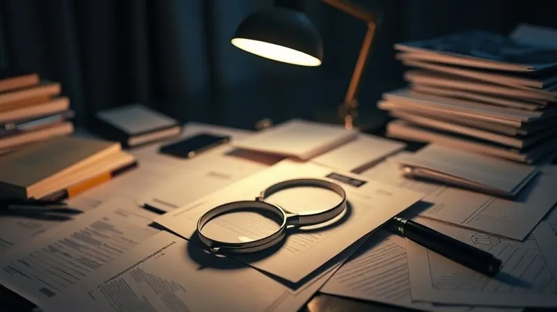 photorealistic, professional photography, 8K, cinematic lighting, sharp focus, depth of field, shot on a high-end DSLR. A collection of legal documents, police reports, medical files, and digital printouts (like text messages) scattered across a lawyer's desk, illuminated by a focused desk lamp. A magnifying glass rests on one document, emphasizing the meticulous detail required in evidence review. The background is dimly lit, suggesting late-night work and intense focus.