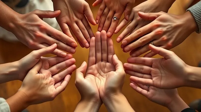 photorealistic, professional photography, 8K, cinematic lighting, sharp focus, depth of field, shot on a high-end DSLR. A warm, inviting image of several hands gently reaching out to form a circle, symbolizing community support and solidarity. In the center, a single, slightly trembling hand is being held and comforted. The lighting is soft and empathetic, highlighting connection and care, without showing faces.