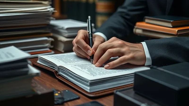 photorealistic, professional photography, 8K, cinematic lighting, sharp focus, depth of field, shot on a high-end DSLR. A lawyer's hands meticulously writing in a leather-bound legal pad, surrounded by stacks of organized files and legal texts. The lighting is precise, highlighting the pen and paper, conveying a sense of diligent and careful record-keeping. The setting is a classic, professional law office.