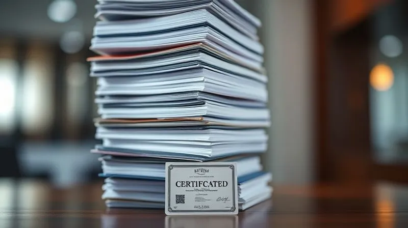photorealistic, professional photography, 8K, cinematic lighting, sharp focus, depth of field, shot on a high-end DSLR. A towering stack of legal documents teetering precariously, with a single, small rejected certificate at the base, symbolizing how a minor compliance failure can destabilize an entire legal process. The background is blurred, emphasizing the precarious stack.