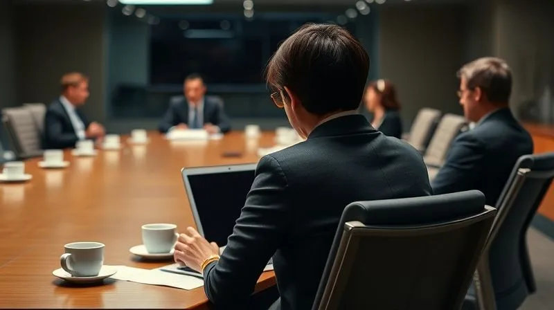 A photorealistic image of a tense boardroom meeting, chairs pulled back, empty coffee cups, and a corporate secretary intensely focused on a laptop screen, while blurred figures of board members debate in the background, cinematic lighting, sharp focus on the secretary, 8K, professional photography.