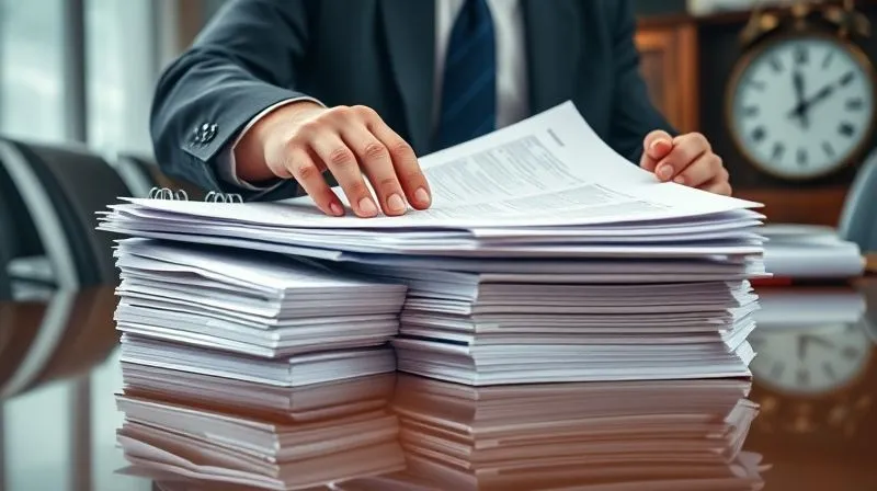 A photorealistic close-up of a corporate secretary's hands meticulously organizing stacks of proxy forms and shareholder communication documents on a polished boardroom table, with a blurred background of a ticking clock, emphasizing urgency and precision, 8K, professional photography, cinematic lighting.
