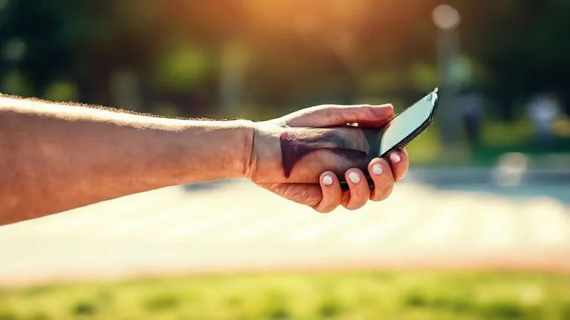 Photorealistic image of a person's hand holding a smartphone, clearly photographing a dog bite injury on an arm, with a blurred background of a street or park, cinematic lighting, sharp focus on the phone and injury, depth of field, 8K hyper-detailed, professional photography.