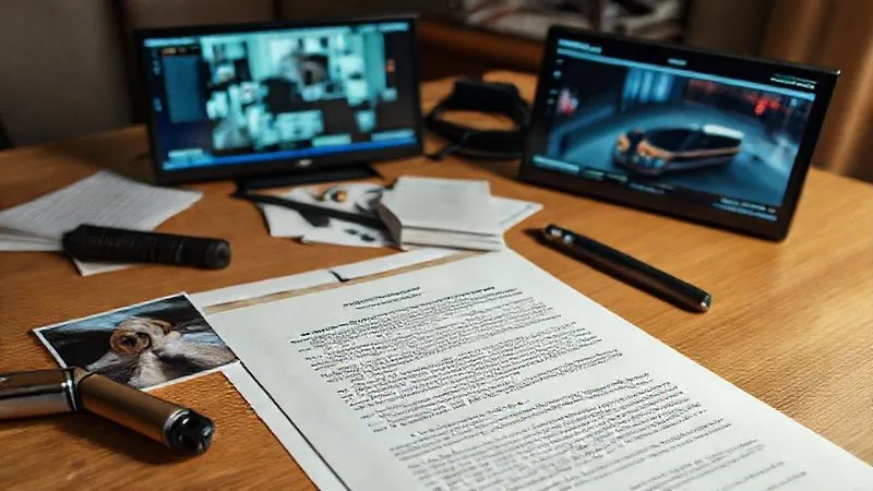 Photorealistic image of various pieces of evidence laid out on a table: a close-up photo of a dog, a witness statement document, a surveillance camera screen showing an incident, all under soft, focused lighting, sharp focus on the evidence, depth of field, 8K hyper-detailed, professional photography.