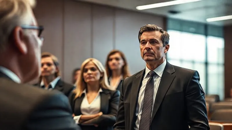 Photorealistic image of a legal team in a modern courtroom, looking intently at a judge or jury, with a sense of strategic planning and determination, cinematic lighting, sharp focus on the lawyers, depth of field blurring the background, 8K hyper-detailed, professional photography.