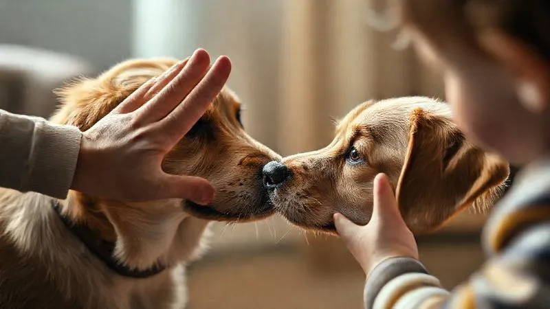 Photorealistic image depicting a dog calmly interacting with a child or person, with subtle visual cues challenging common myths about aggression, such as a dog not reacting to a raised hand, cinematic lighting, sharp focus on the interaction, depth of field, 8K hyper-detailed, professional photography.