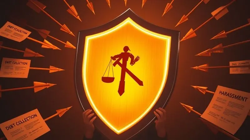 A photorealistic image of a large, sturdy, glowing shield emblazoned with a legal gavel symbol, protecting a person from a barrage of incoming arrows and documents labeled 'Debt Collection', 'Lawsuit', 'Harassment'. Cinematic lighting, 8K hyper-detailed.