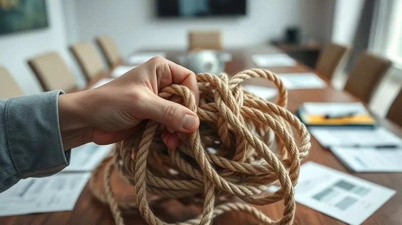 A photorealistic image of a tangled knot of ropes, with one hand attempting to untangle it. The background is blurred, depicting a boardroom table with scattered documents. The image conveys complexity and the effort required to resolve intertwined issues. Photorealistic, professional photography, 8K, cinematic lighting, sharp focus, depth of field, shot on a high-end DSLR.