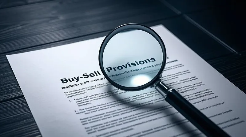 A photorealistic image of a legal document with a magnifying glass hovering over a section titled 'Buy-Sell Provisions'. The document is on a dark wooden table, illuminated by a single, focused light source, emphasizing scrutiny and importance. Photorealistic, professional photography, 8K, cinematic lighting, sharp focus, depth of field, shot on a high-end DSLR.