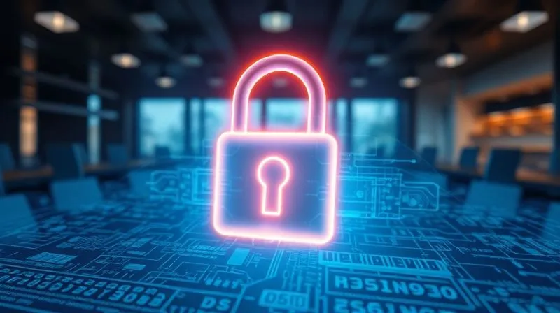 A photorealistic image of a glowing, abstract digital lock icon overlaid on a blueprint of intricate code and schematics. The background is a blurred, modern office environment. This symbolizes the protection of intellectual property and confidential information. Photorealistic, professional photography, 8K, cinematic lighting, sharp focus, depth of field, shot on a high-end DSLR.