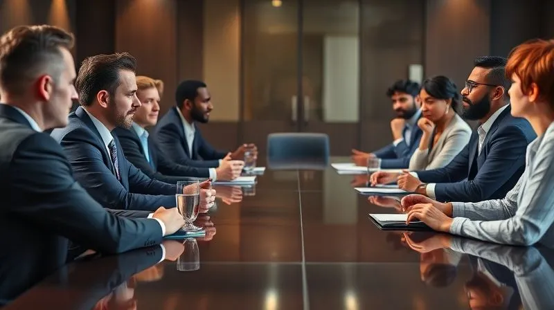 A photorealistic image of a diverse group of business professionals sitting around a large, polished conference table, engaged in an earnest and respectful discussion. One person is gesturing thoughtfully, while others listen attentively. The atmosphere is collaborative and professional. Photorealistic, professional photography, 8K, cinematic lighting, sharp focus, depth of field, shot on a high-end DSLR.