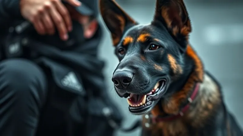 A photorealistic image of a police K-9 handler and their dog undergoing a training exercise, the dog focused intensely on a scent, professional photography, 8K, cinematic lighting, sharp focus on the dog's nose, depth of field blurring the background, shot on a high-end DSLR, conveying the rigor and precision of training.