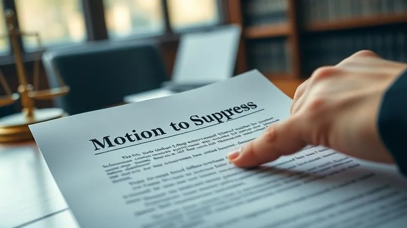 A photorealistic image of a legal brief with 'Motion to Suppress' prominently displayed, with a lawyer's hand pointing to a specific section on a constitutional text, in a well-lit law office, 8K, cinematic lighting, sharp focus on the document, depth of field blurring the background, shot on a high-end DSLR, conveying legal precision and strategy.