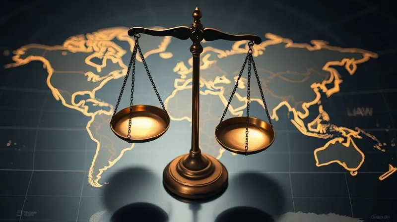 A photorealistic, professional photography, 8K, cinematic lighting, sharp focus, depth of field, shot on a high-end DSLR, depicting a pair of bronze scales of justice perfectly balanced over a subtly glowing world map. The map shows interconnected lines representing international laws, and the light source highlights the scales and a specific region of the map, symbolizing global justice.