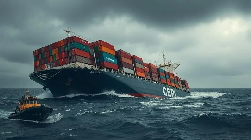 photorealistic, professional photography, 8K, cinematic lighting, sharp focus, depth of field, shot on a high-end DSLR, a large container ship listing precariously in rough seas, dark storm clouds overhead, a small but powerful salvage tug pulling alongside, a sense of immediate danger and a challenging rescue operation, emphasizing the scale of the incident.